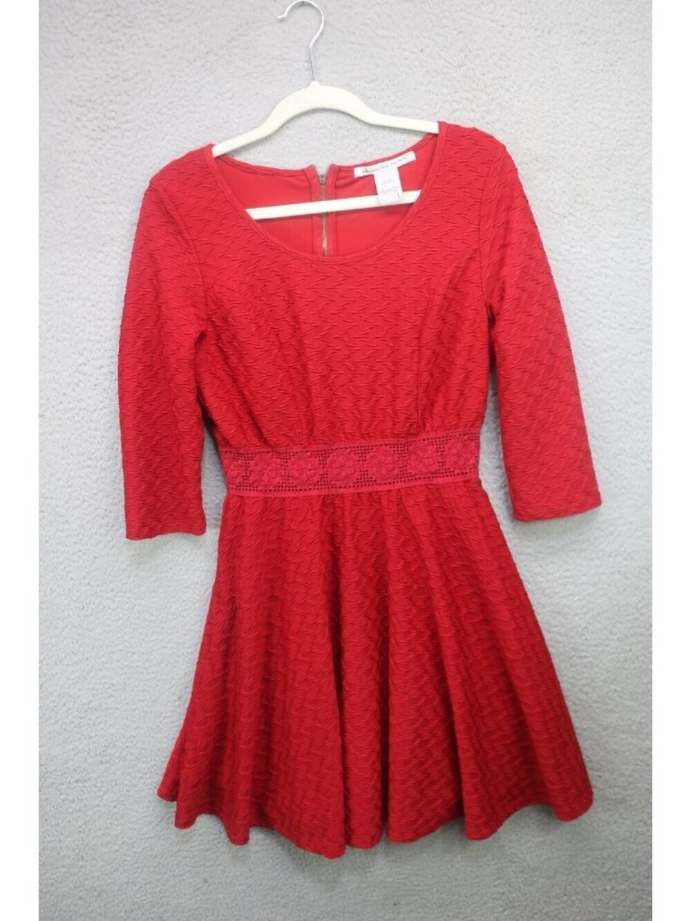 American Rag Red 3/4 Sleeve Textured Dress-Large-Crochet-Minimalist-Fit & Flare